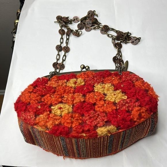 Mary Frances Wool Appliqué Beaded Double Chain Handles Kisslock Bag - New - Picture 6 of 12